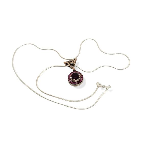 Vintage 925 Sterling and Bronze Round Ruby and White Zircon Halo Pendant 17 1/2" - Picture 5 of 10